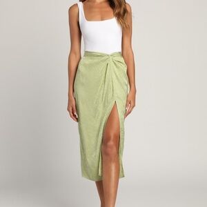 Lulus Chic Find Sage Green Satin Jacquard Knot Front Midi Skirt - Size S